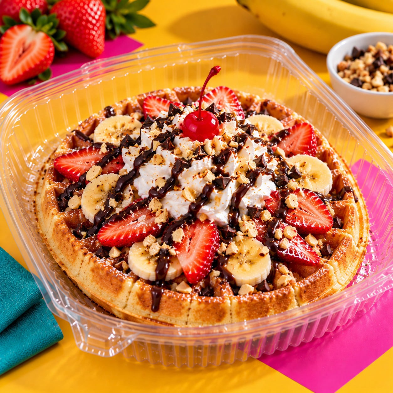 Waffles decorados con toppings dulces para fiestas y eventos