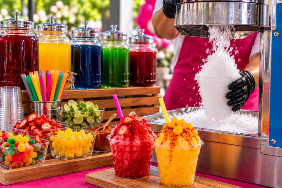 Raspados de sabores con chamoy y toppings para fiestas y eventos